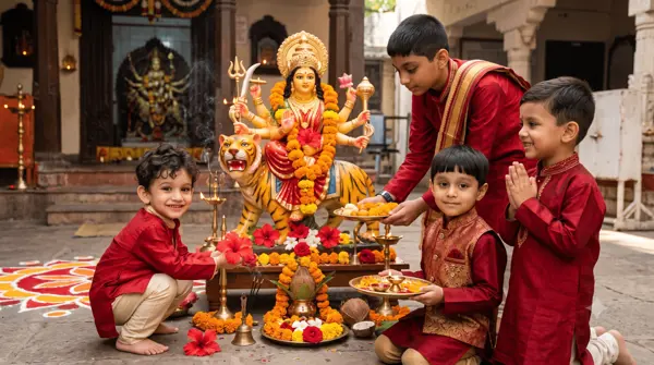 🔴 Maa Chandraghanta Puja with Four Kids — Navratri Red Theme