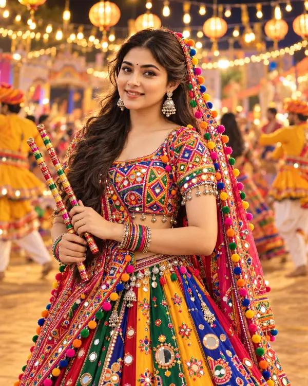Vibrant Gujarati Garba Queen with Colorful Dandiya Sticks