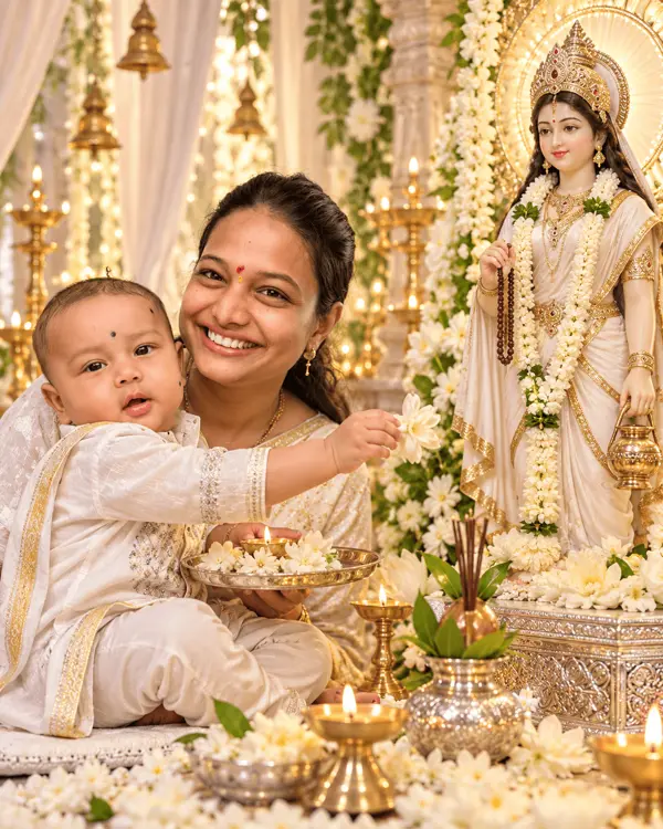 Divine Grace of Maa Brahmacharini: Mother and Baby Navratri Devotional Portrait Prompt