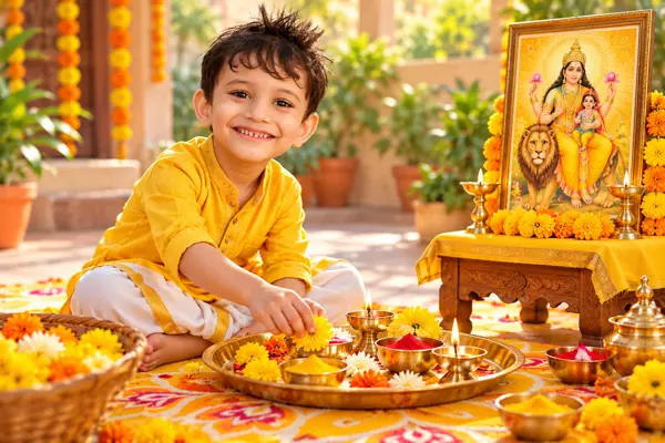 Navratri Day 5 Storybook Portrait: Skandamata Puja in the Courtyard