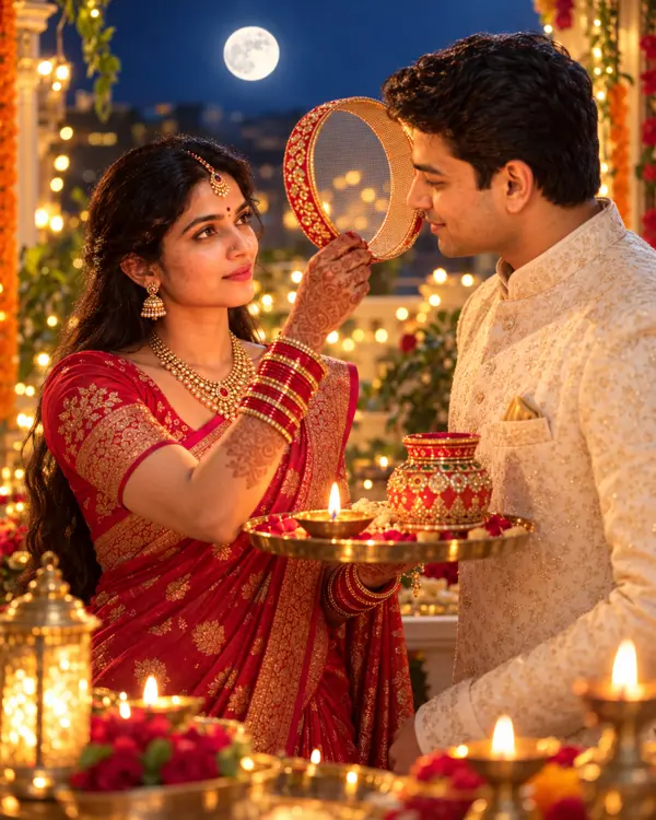 Moonlit Vows: Photo-Based Karwa Chauth Couple Portrait Prompt