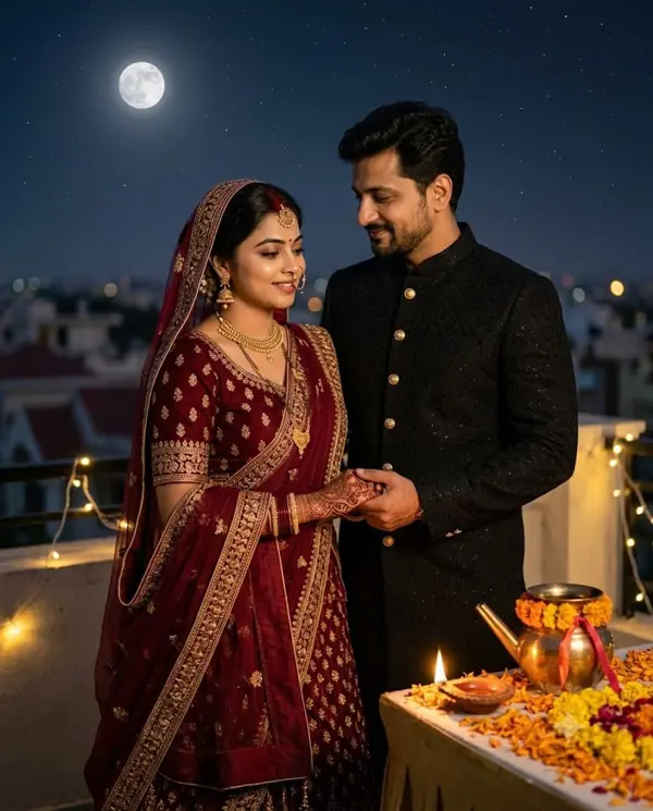 Karwa Chauth Moonlit Rooftop Couple Portrait: Photo-Based Cinematic Image Prompt