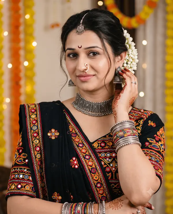 Radiant in Black: Gujarati Kutch Embroidered Saree Portrait Prompt