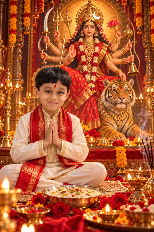 Divine Blessings: A Child’s Devotion Before Maa Chandraghanta