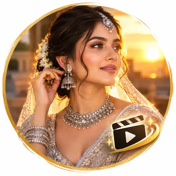 Golden Hour Bride: Cinematic Silver Jewelry Beauty Transformation Video Prompt