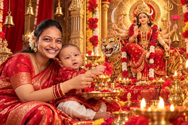 🔴 Mother and Child Performing Maa Chandraghanta Puja — Red Navratri Theme