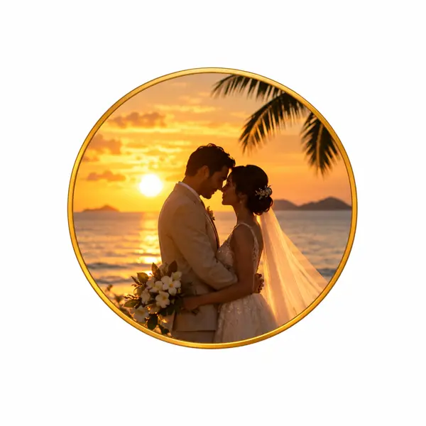 Golden Horizon Vows" — Photorealistic Tropical Sunset Wedding Portrait