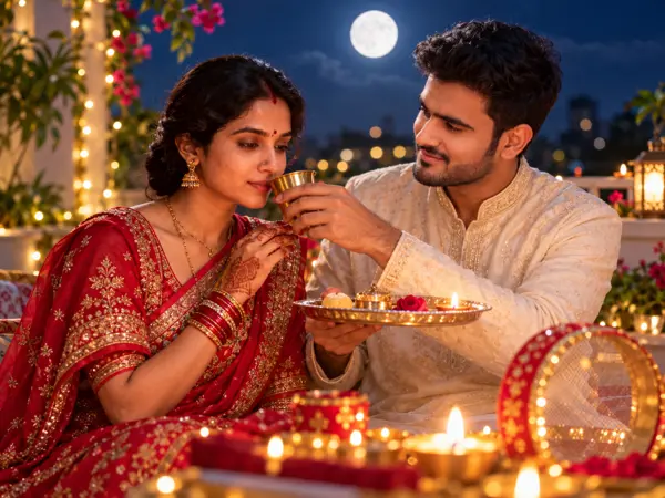 Karwa Chauth Moonlit Fast-Breaking: A Photorealistic Couple Portrait Prompt
