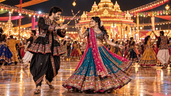 Navratri Nights: Photorealistic Dandiya Raas Couple Portrait Prompt