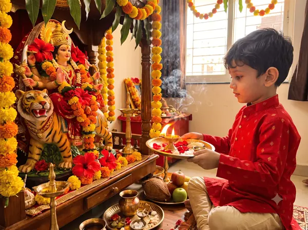 Navratri Devotion: Cinematic Portrait of a Young Devotee Offering Aarti to Maa Chandraghanta