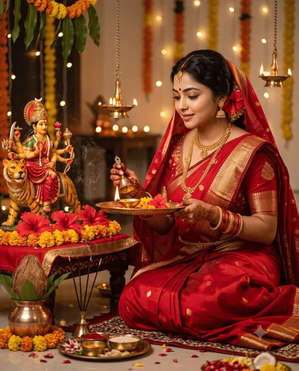 Divine Devotion: Maa Chandraghanta Puja Portrait Prompt