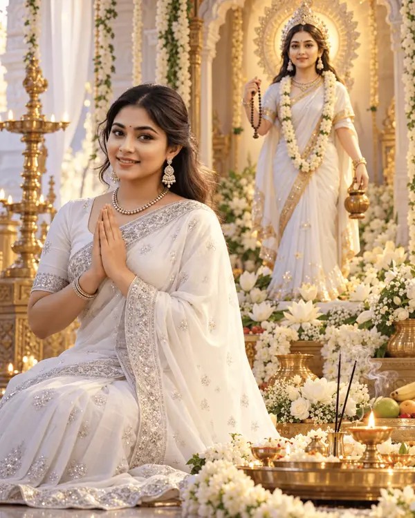 Divine Devotion in White: Maa Brahmacharini Navratri Day 2 Portrait Prompt