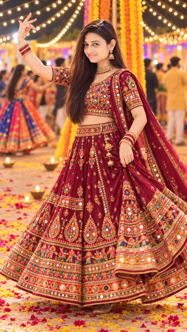 Elegant Maroon Gujarati Garba Queen at Navratri Night