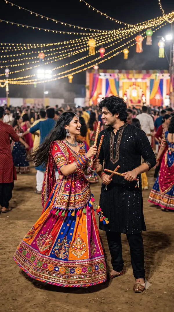 Navratri Nights: Cinematic Dandiya Raas Couple Portrait Prompt