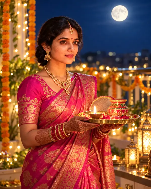 Moonlit Karwa Chauth Portrait: Photorealistic Indian Festive Image Prompt