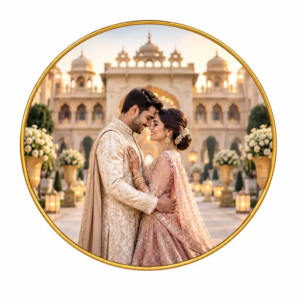 Regal Union: Grand Palace Courtyard Wedding Portrait